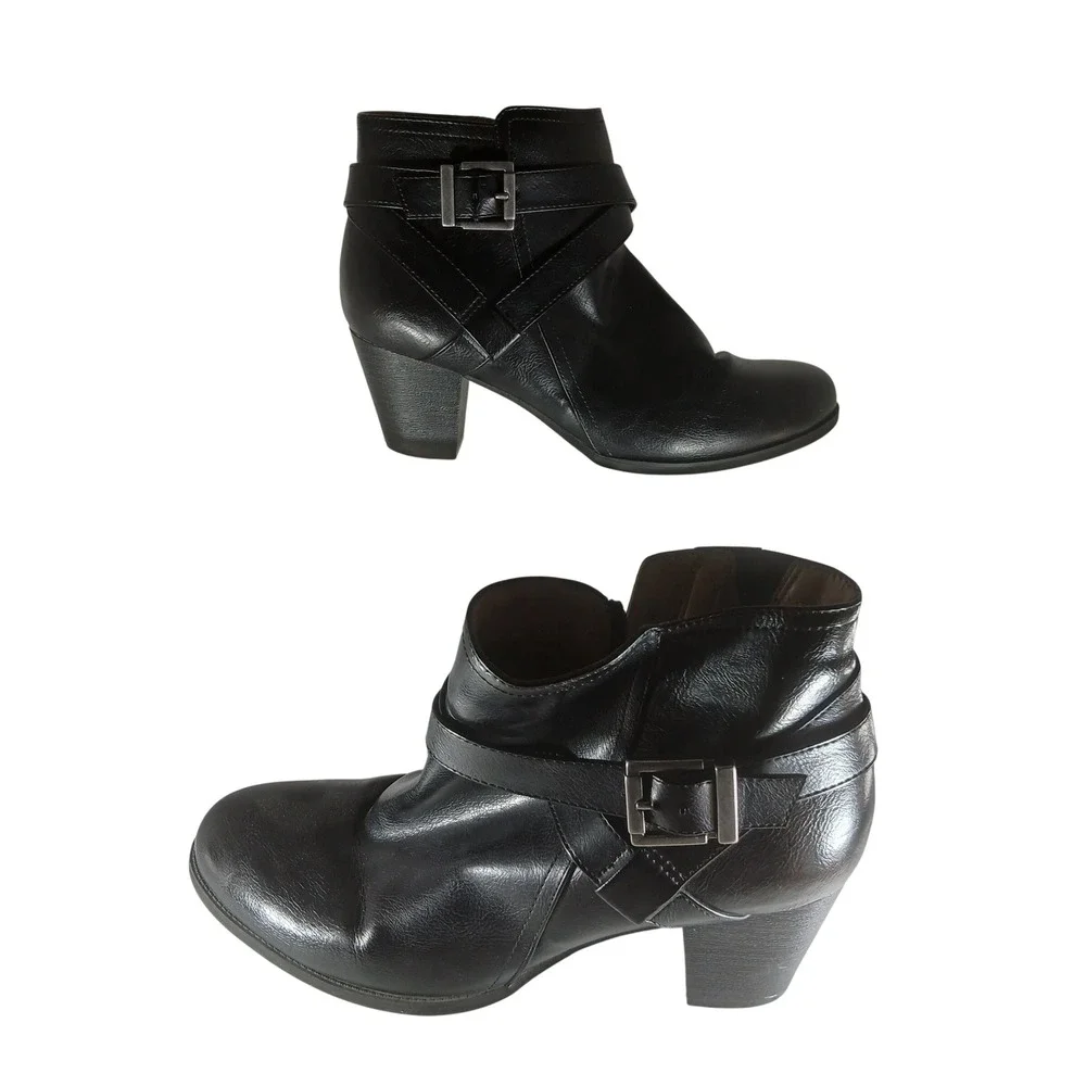 Abella Joanie Ankle Boots 8M Black Buckle Strap Block Heel Zip Comfort Booties